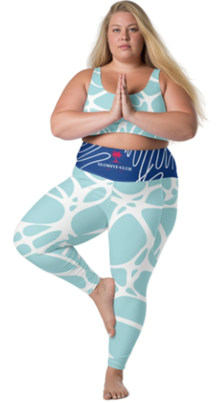 Leggings turquoise à motif abstrait blanc, taille haute, jambe ajustée.