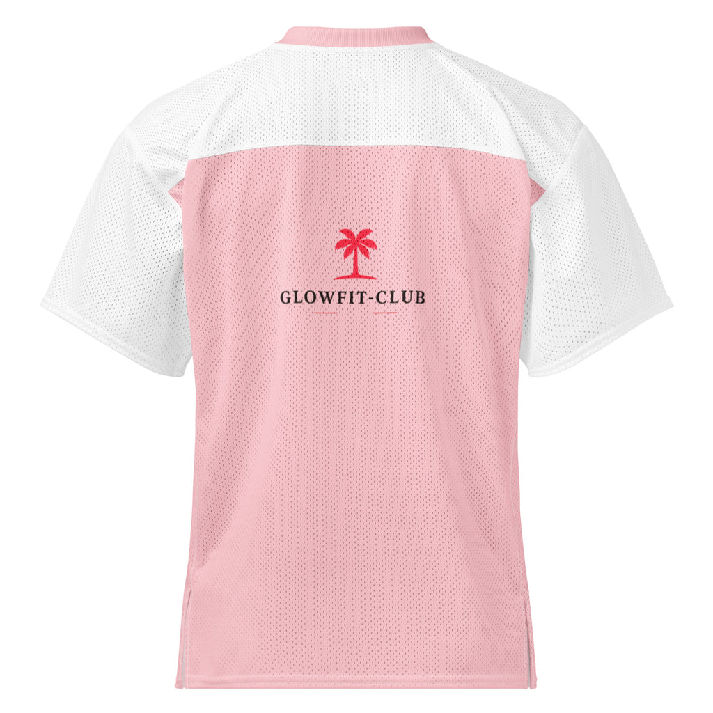 T-shirt rose et blanc, manches blanches en mesh, logo GLOWFIT-CLUB au dos