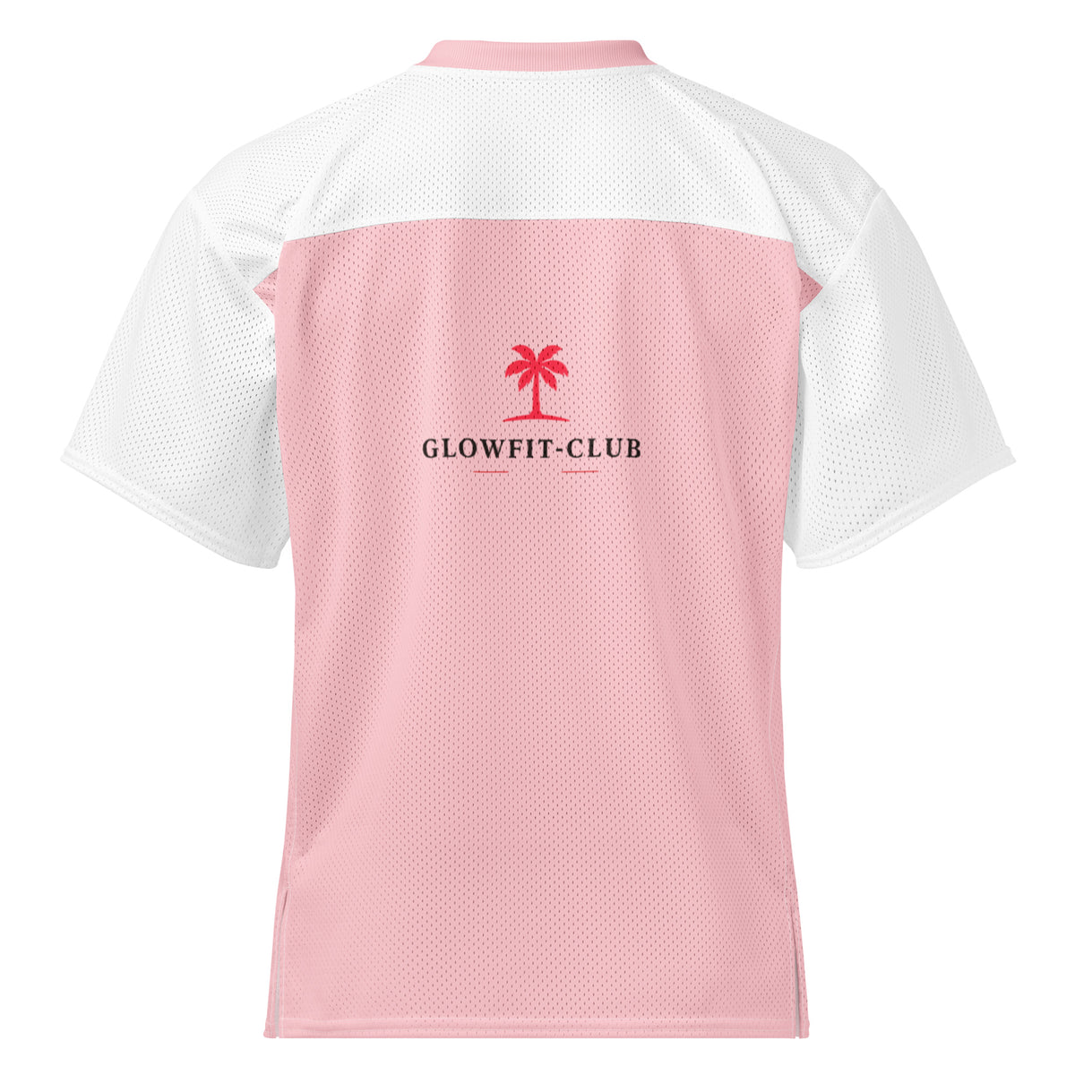 T-shirt rose et blanc, manches blanches en mesh, logo GLOWFIT-CLUB au dos