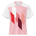 T-shirt rose et blanc à col V, motif éclair rouge et rose sur fond rose