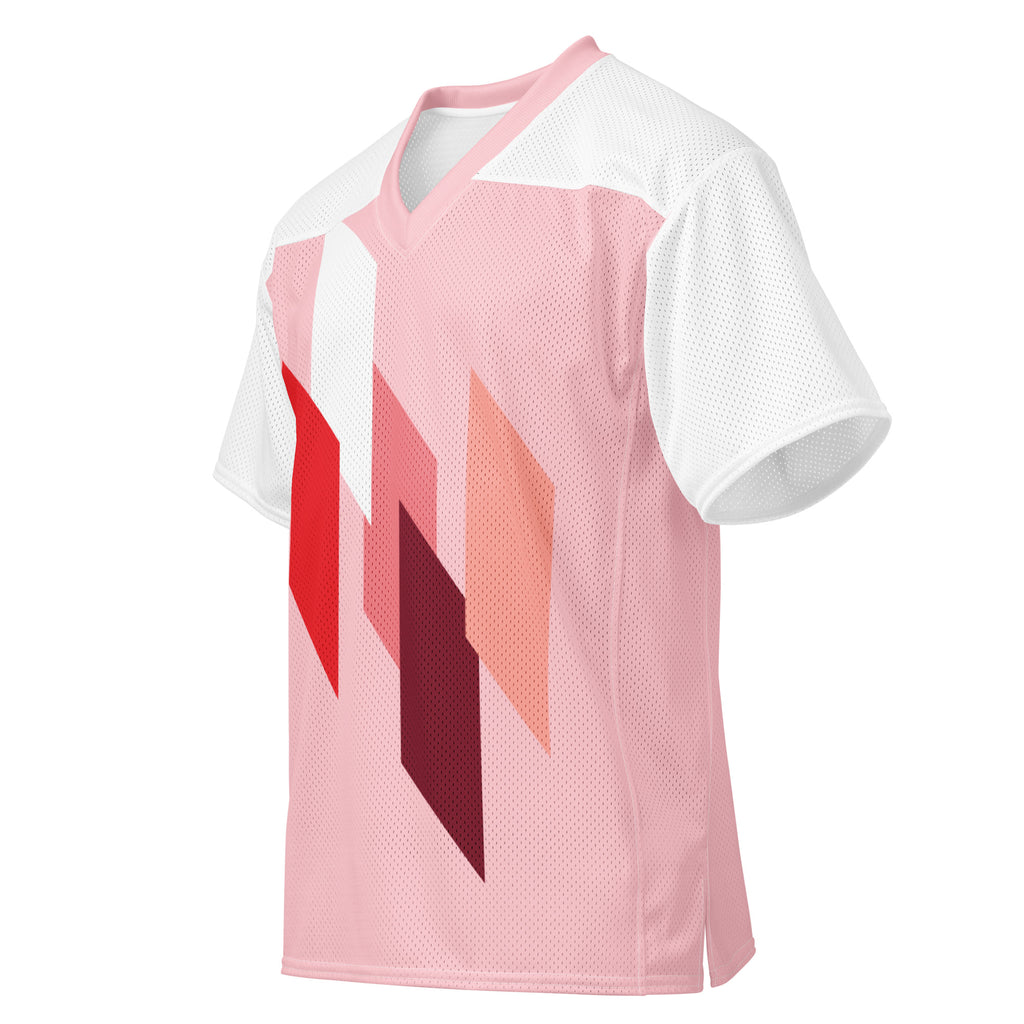 T-shirt rose à motif éclair, manches blanches en mesh, encolure V, coupe droite