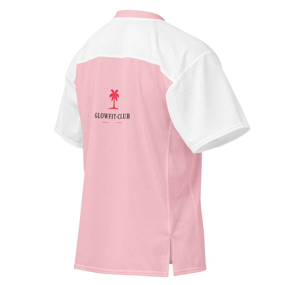 T-shirt rose avec logo GLOWFIT-CLUB au dos, manches blanches en mesh, col rose