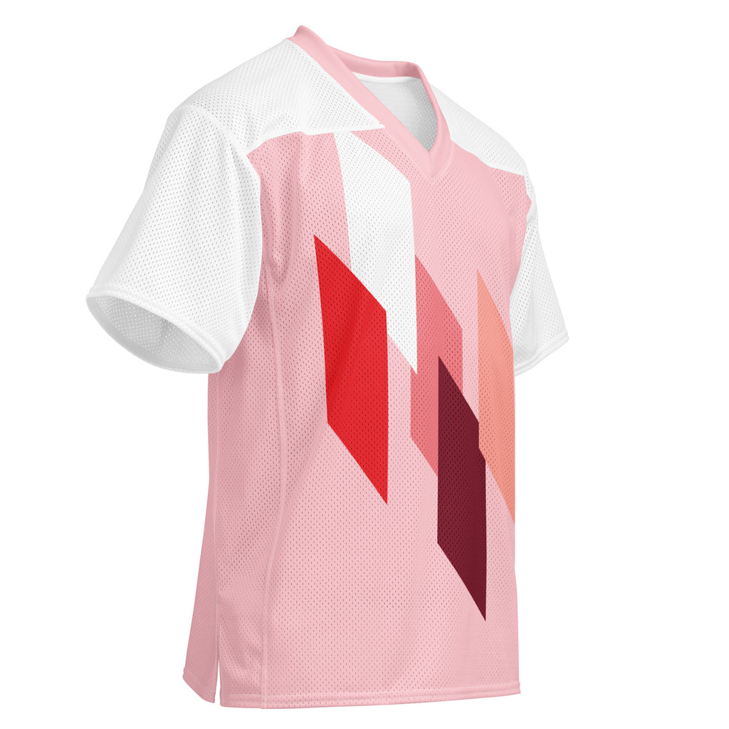 T-shirt rose et blanc à col V, motif éclair rouge, texture en mesh sur le devant