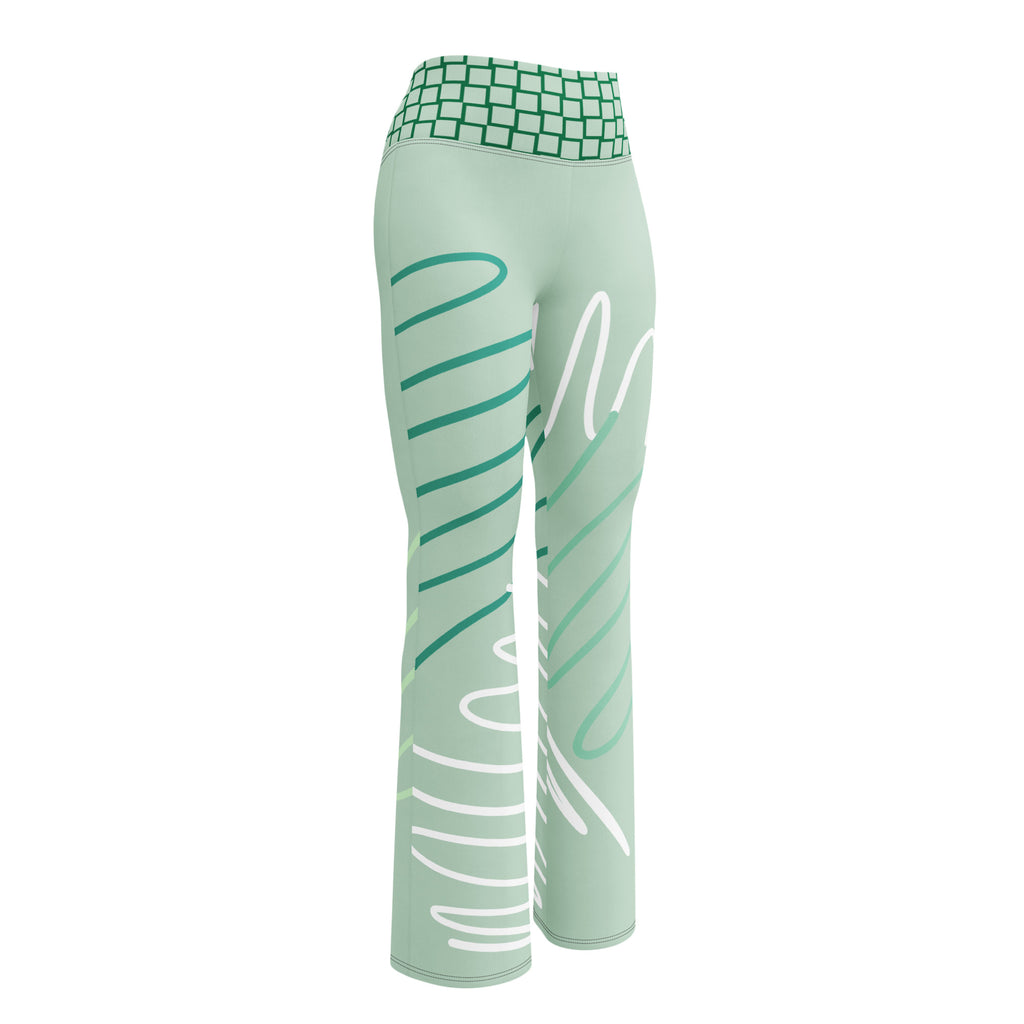 Legging évasé vert menthe à imprimé graphique vert et blanc, taille haute à motifs.