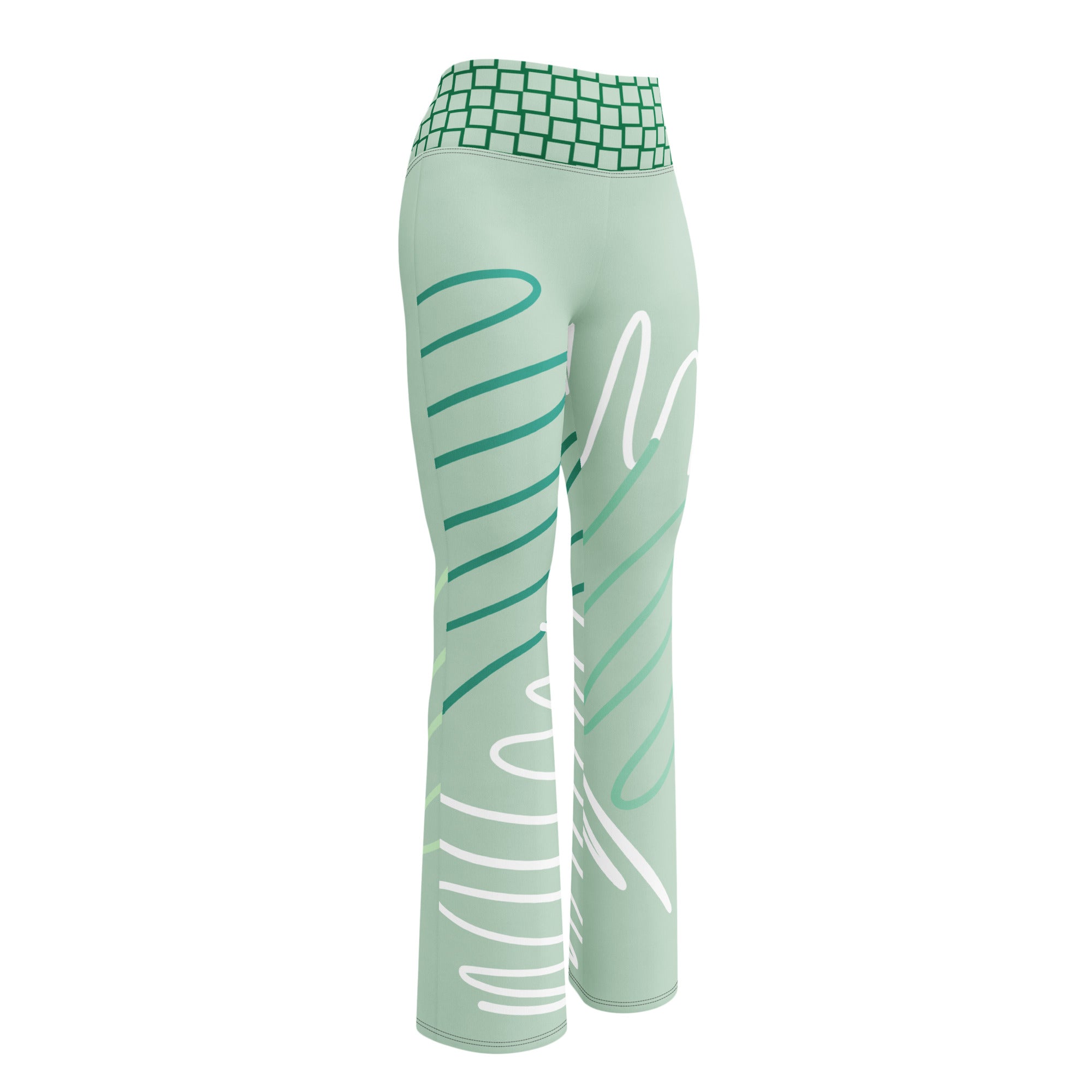Legging évasé vert menthe à imprimé graphique vert et blanc, taille haute à motifs.