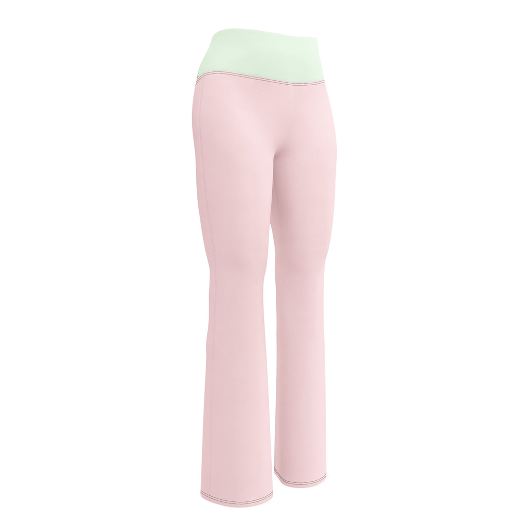 Legging évasé rose pâle, coupe flare, taille vert menthe contrastante