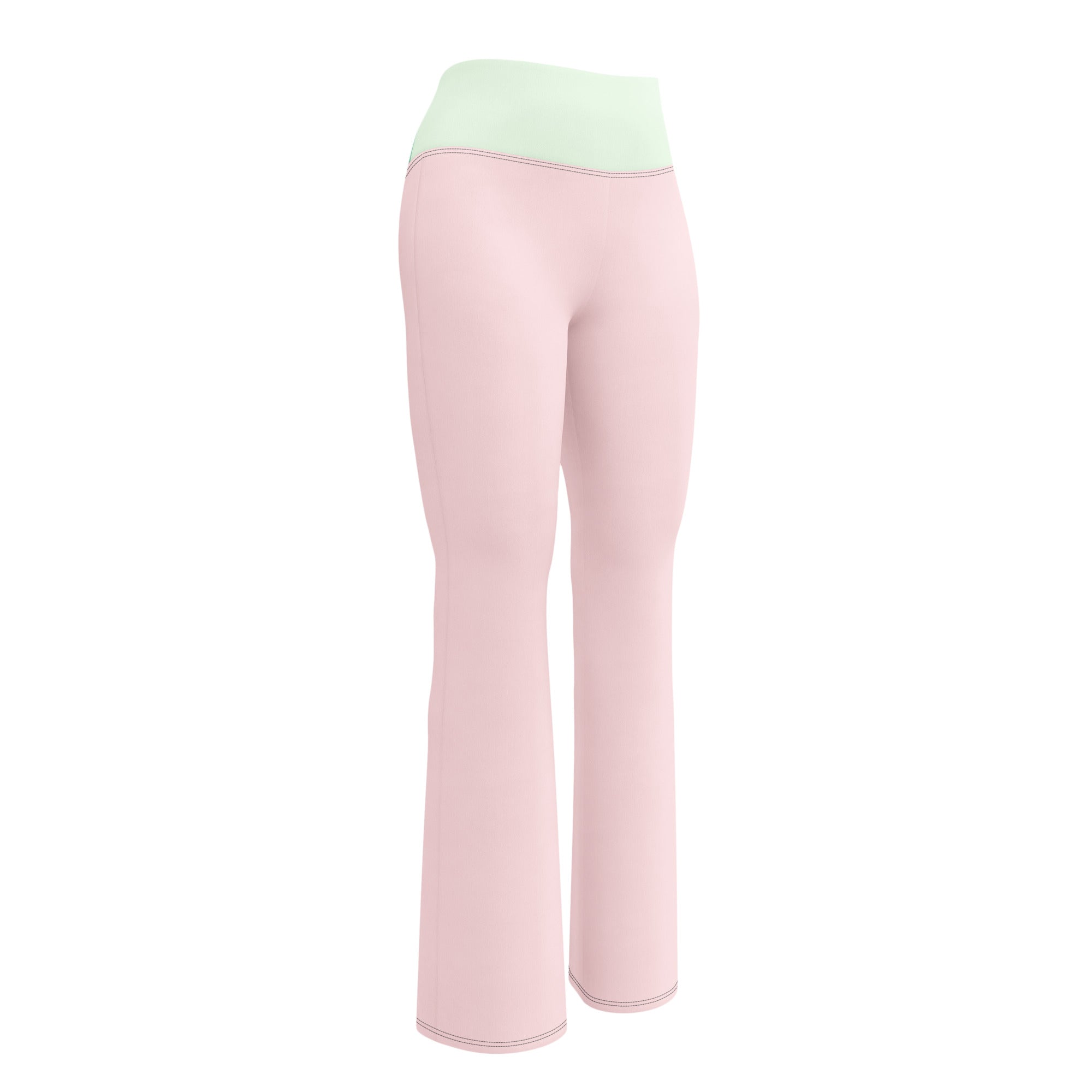 Legging évasé rose pâle, coupe flare, taille vert menthe contrastante