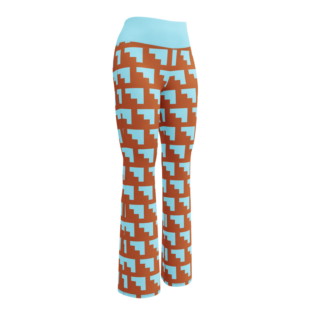 Legging évasé bleu clair avec motif géométrique marron et turquoise, taille droite
