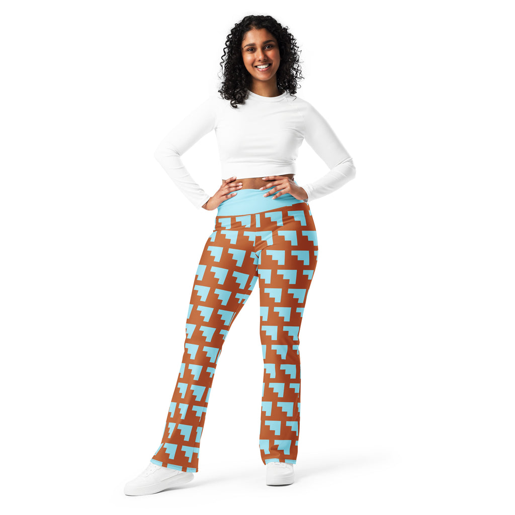 Legging évasé à motif géométrique bleu et marron, taille bleu clair, tenue complète