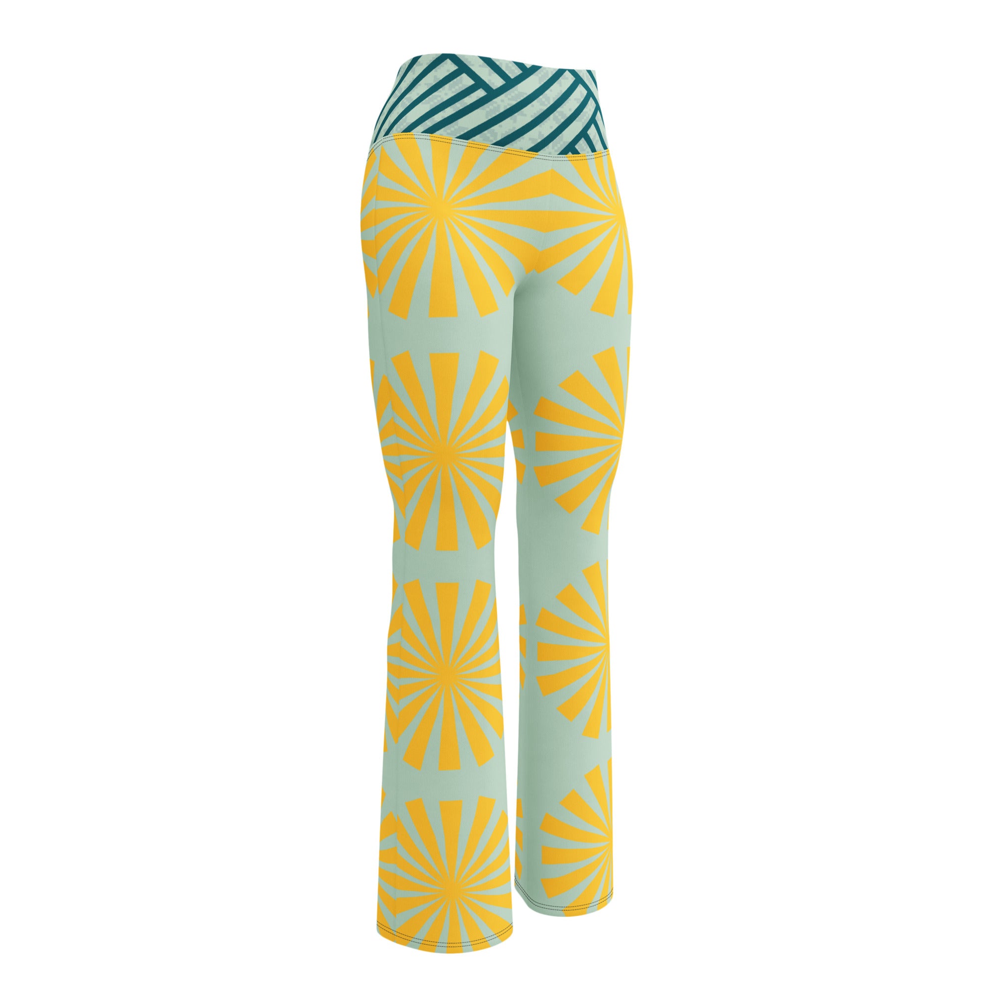 Legging évasé bleu clair à motif soleil jaune et pois de rayons, taille à rayures vert foncé.