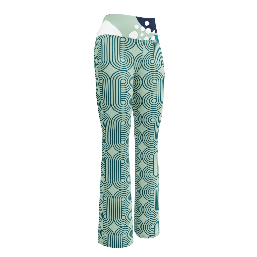 Legging évasé vert à motif ondulé bleu, taille haute