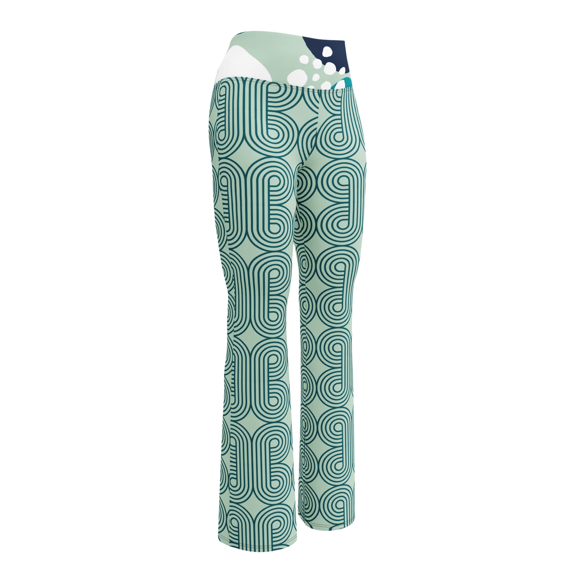 Legging évasé vert à motif ondulé bleu, taille haute