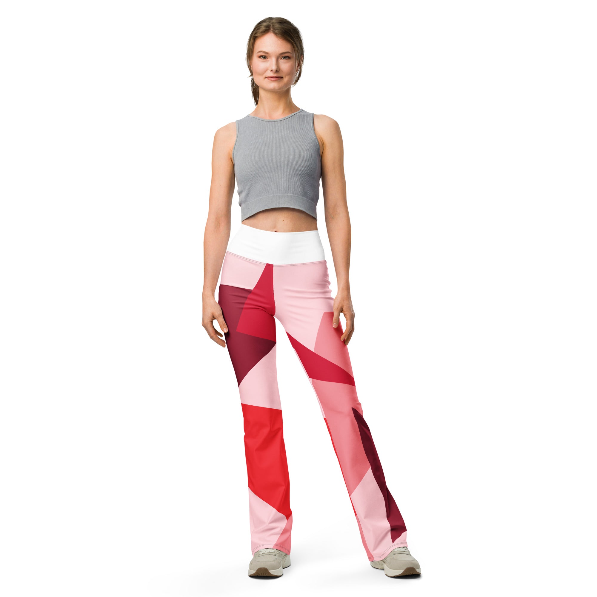 Legging évasé à motifs géométriques rose, rouge et bordeaux, taille haute, évasé.