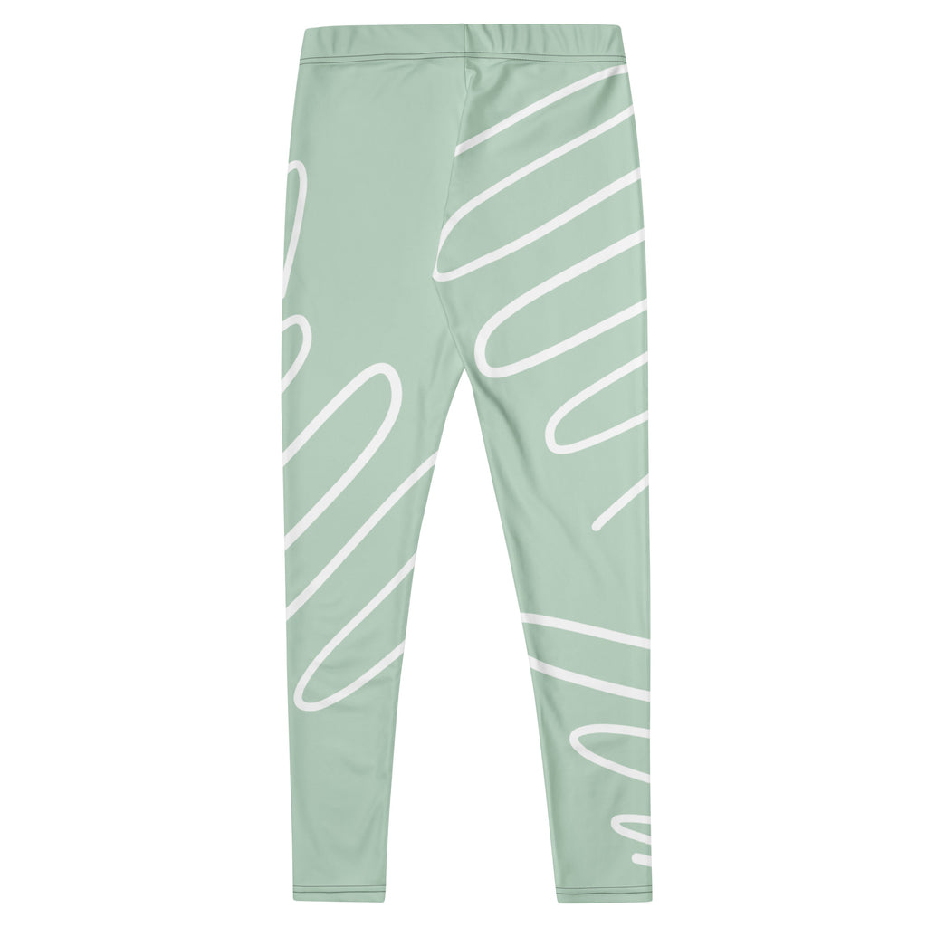 Legging vert d’eau à imprimé abstrait blanc, chevilles ajustées, tissu extensible.