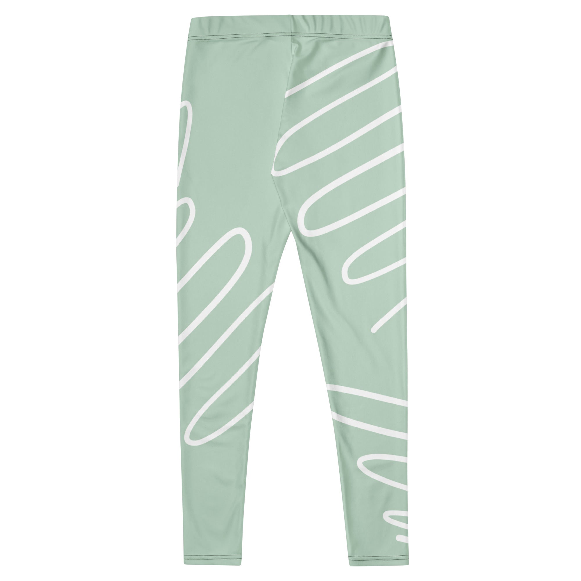 Legging vert d’eau à imprimé abstrait blanc, chevilles ajustées, tissu extensible.