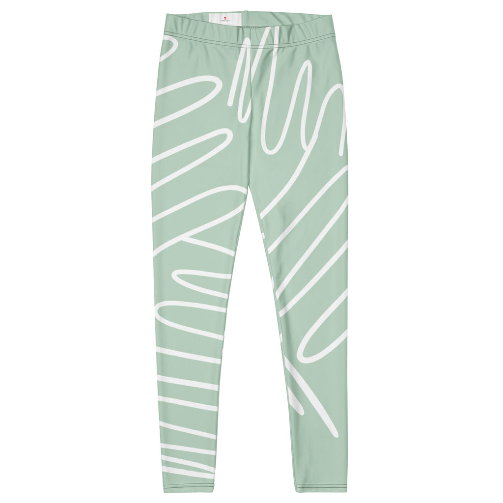 Legging vert d’eau à imprimé lignes blanches, taille élastique, coupe près du corps.