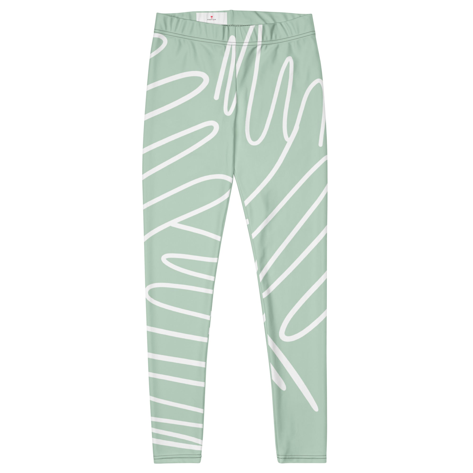 Legging vert d’eau à imprimé lignes blanches, taille élastique, coupe près du corps.