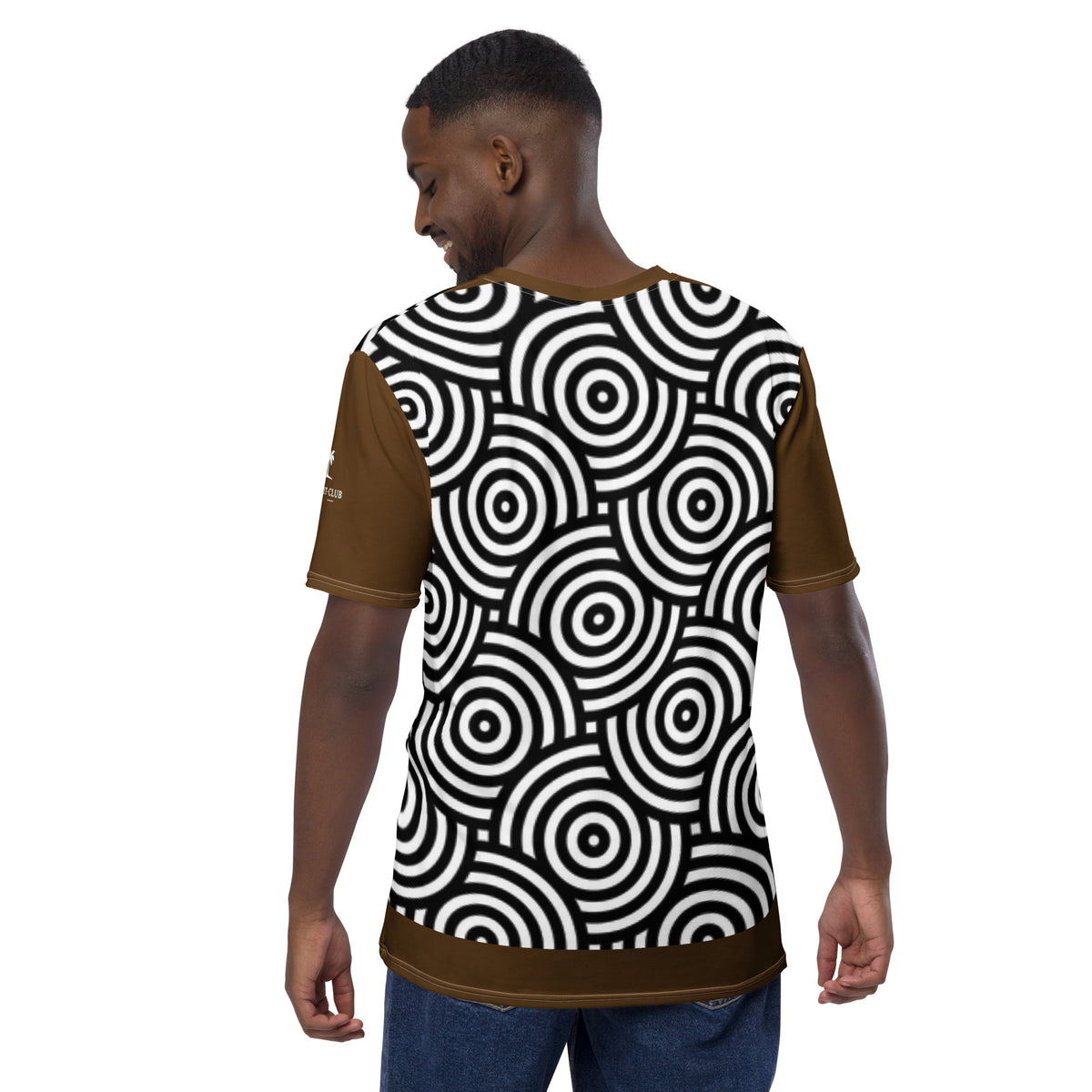 T-shirt homme dos imprimé cercles noir et blanc, manches courtes brun, encolure ronde.