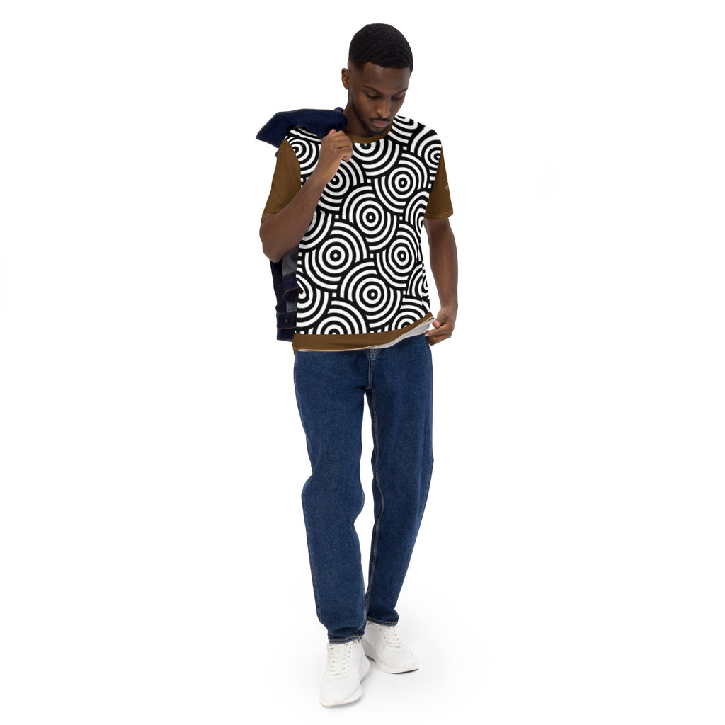 T-shirt homme imprimé cercles noir et blanc, col rond, ourlet et manches brun foncé.