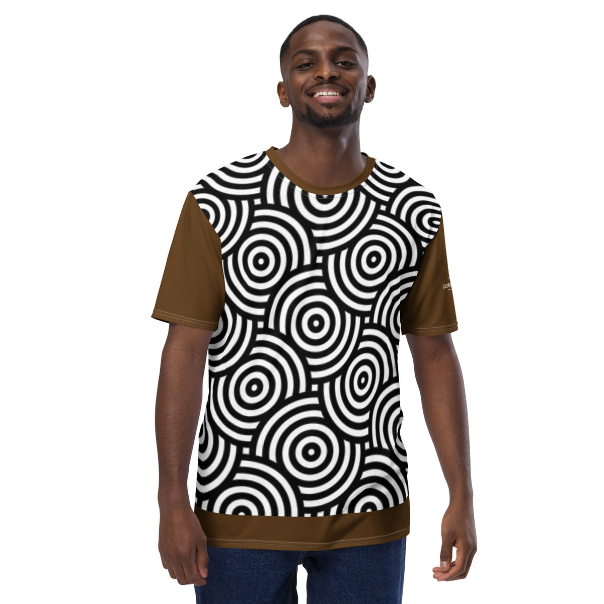 T-shirt homme imprimé cercles noir et blanc, manches courtes brun, encolure ronde.