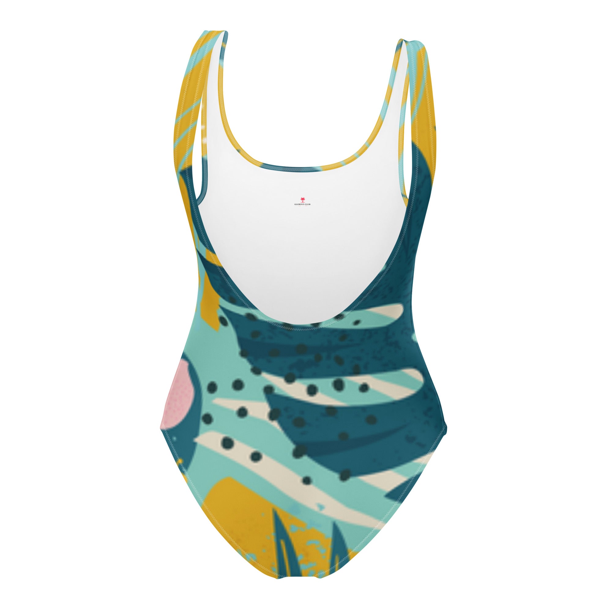 Maillot de bain une pièce à encolure ronde, imprimé abstrait bleu-vert, jaune et rose.