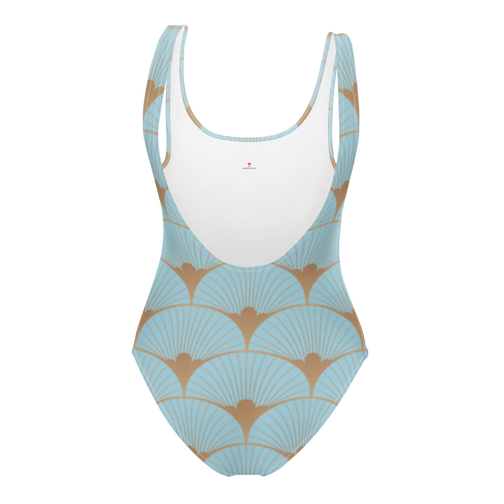 Maillot une pièce bleu clair, motif coquillages art déco orange, dos nageur échancré