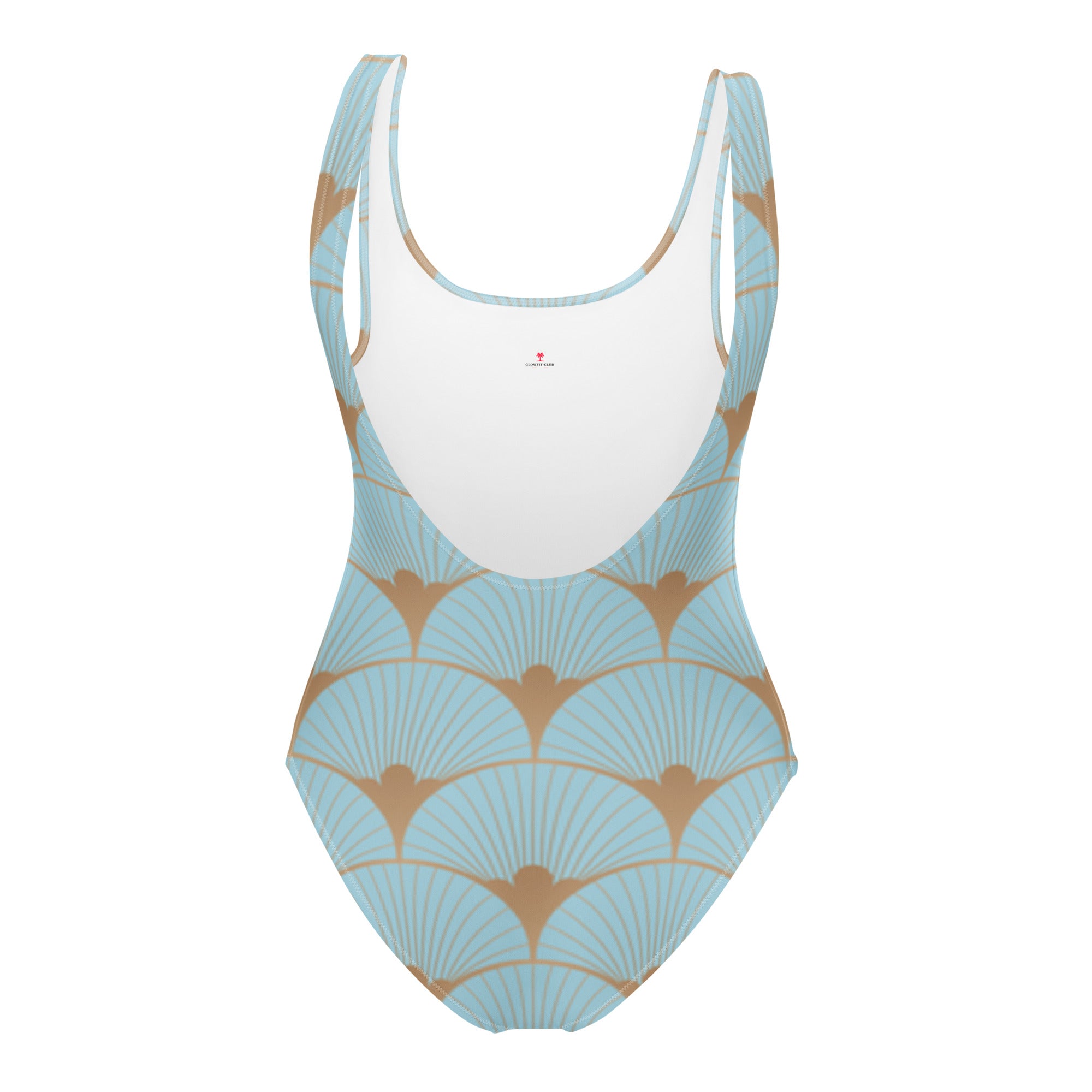 Maillot une pièce bleu clair, motif coquillages art déco orange, dos nageur échancré