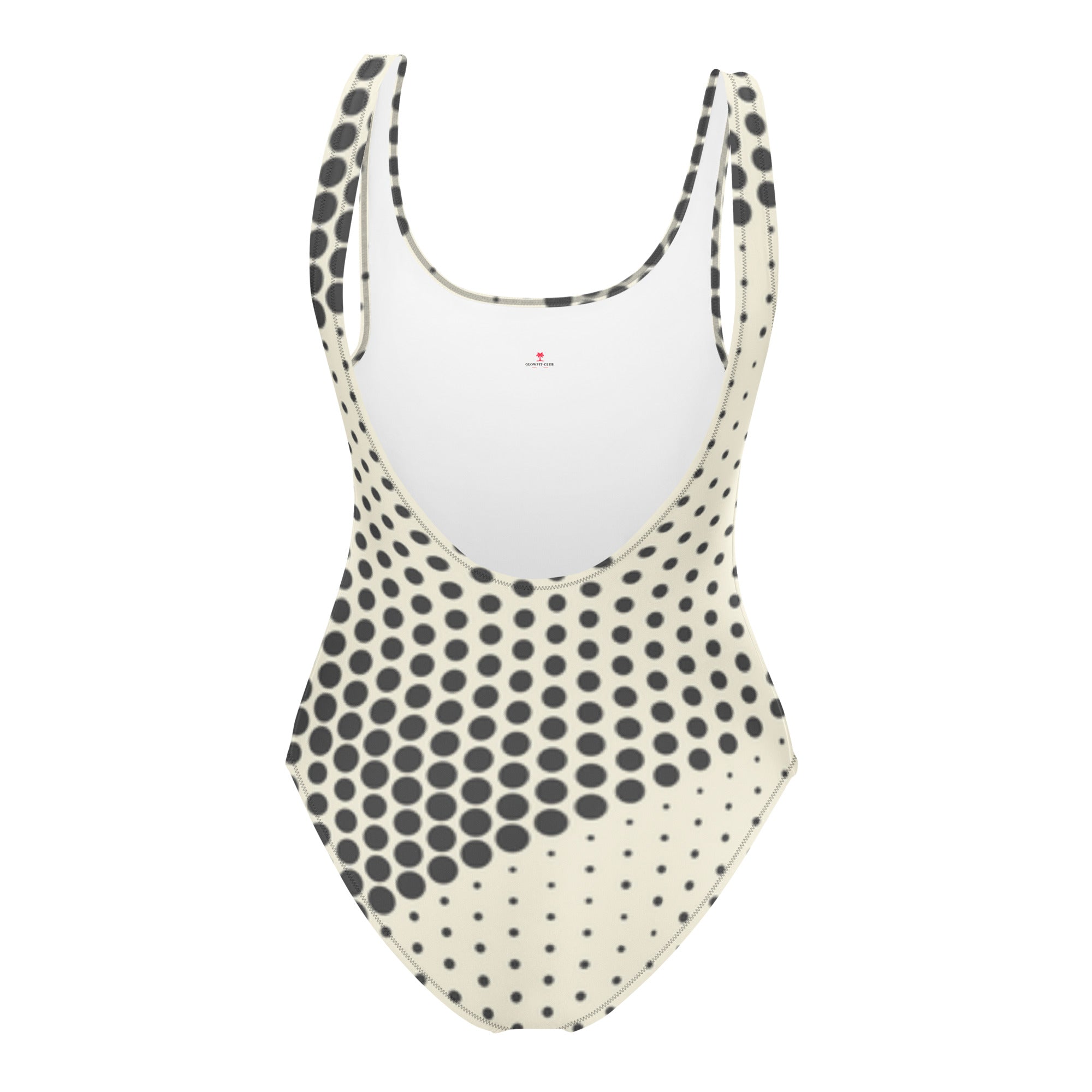 Maillot de bain une pièce à pois noirs sur fond crème, encolure U au dos