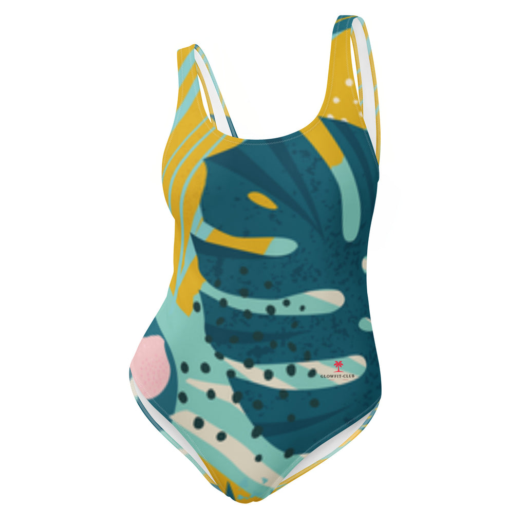 Maillot de bain une pièce motifs abstraits bleu canard, jaune et rose, col échancré