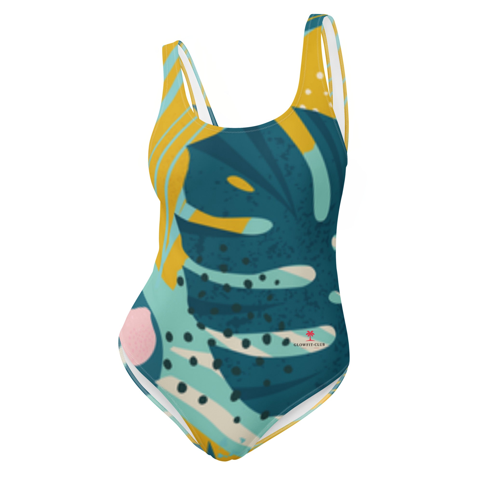 Maillot de bain une pièce motifs abstraits bleu canard, jaune et rose, col échancré