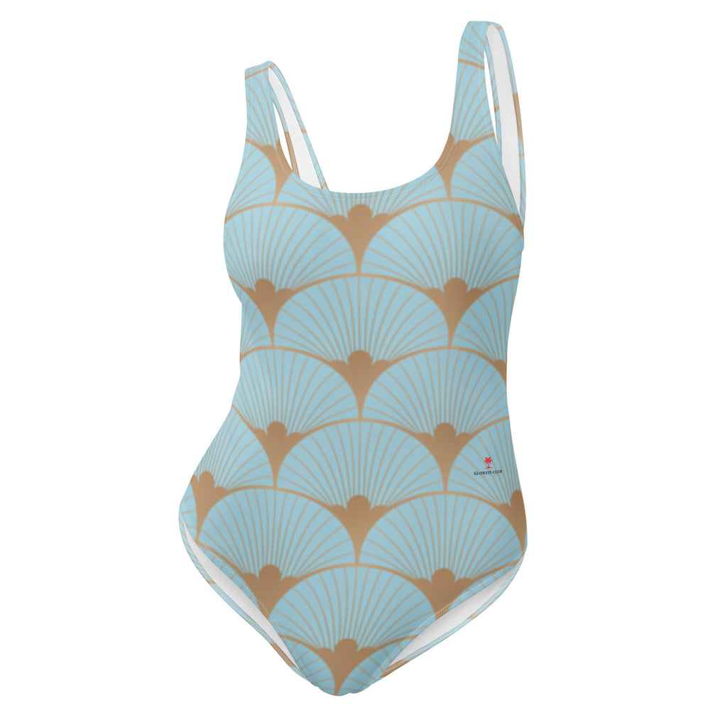Maillot de bain une pièce bleu clair, motif coquillages art déco orange, bretelles larges