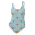 Maillot de bain une pièce bleu clair, motif coquillages art déco orange, bretelles larges