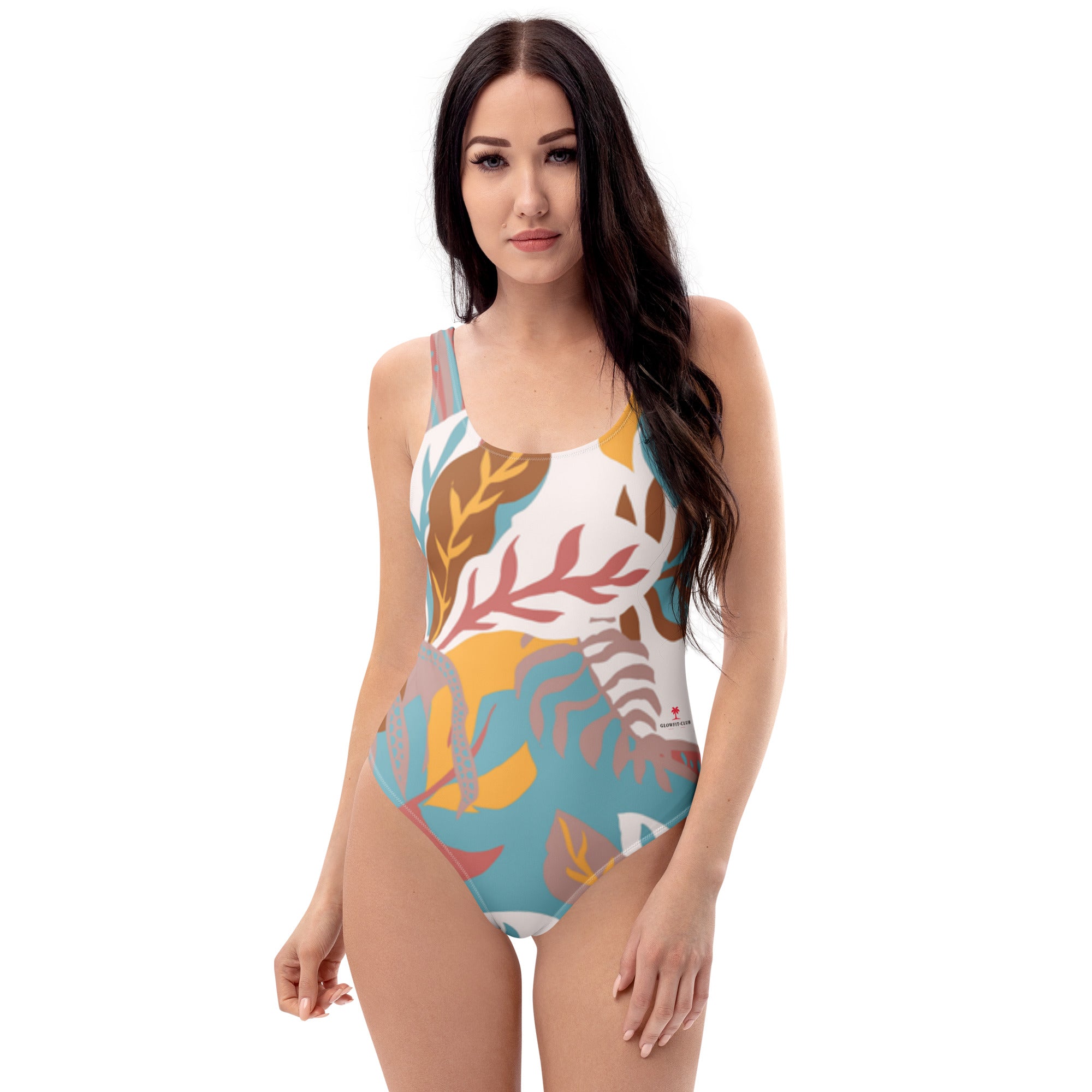 Maillot de bain 1 pièce imprimé tropical multicolore, bretelles fines, coupe ajustée.