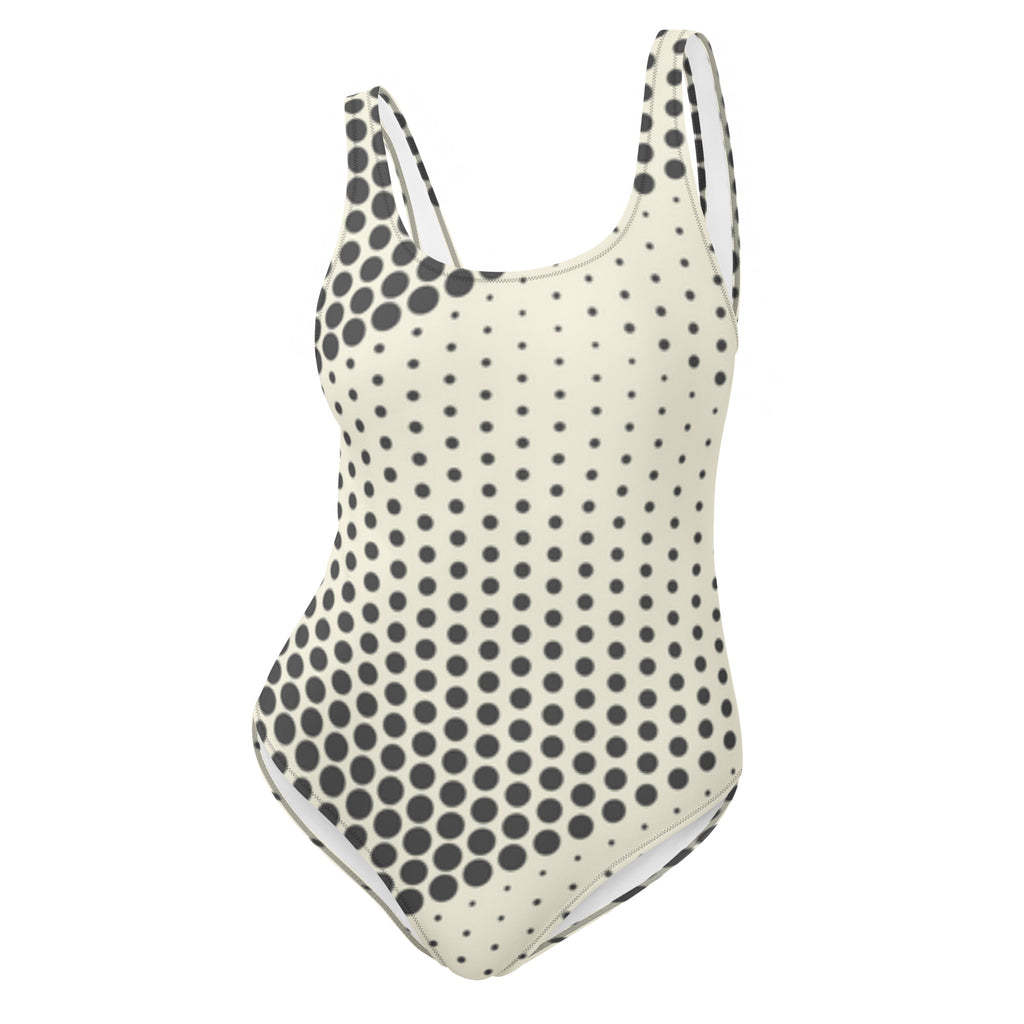 Maillot de bain une pièce à pois noirs sur fond crème, bretelles, décolleté arrondi