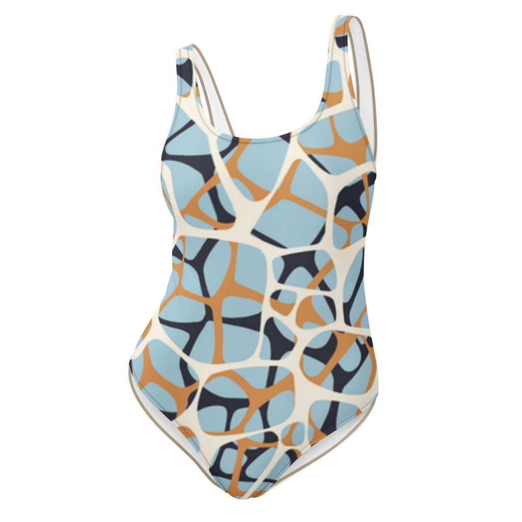 Maillot de bain une pièce à motifs abstraits bleu, beige et orange, décolleté arrondi