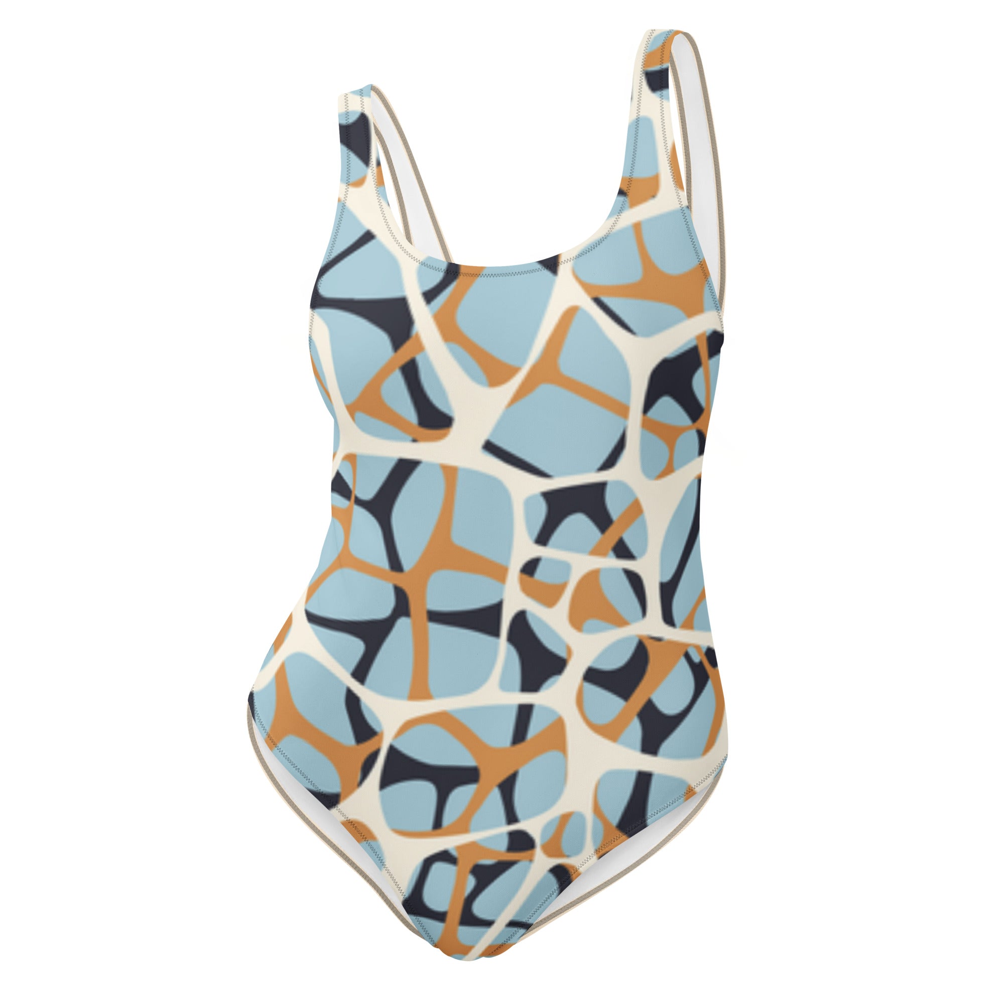 Maillot de bain une pièce à motifs abstraits bleu, beige et orange, décolleté arrondi