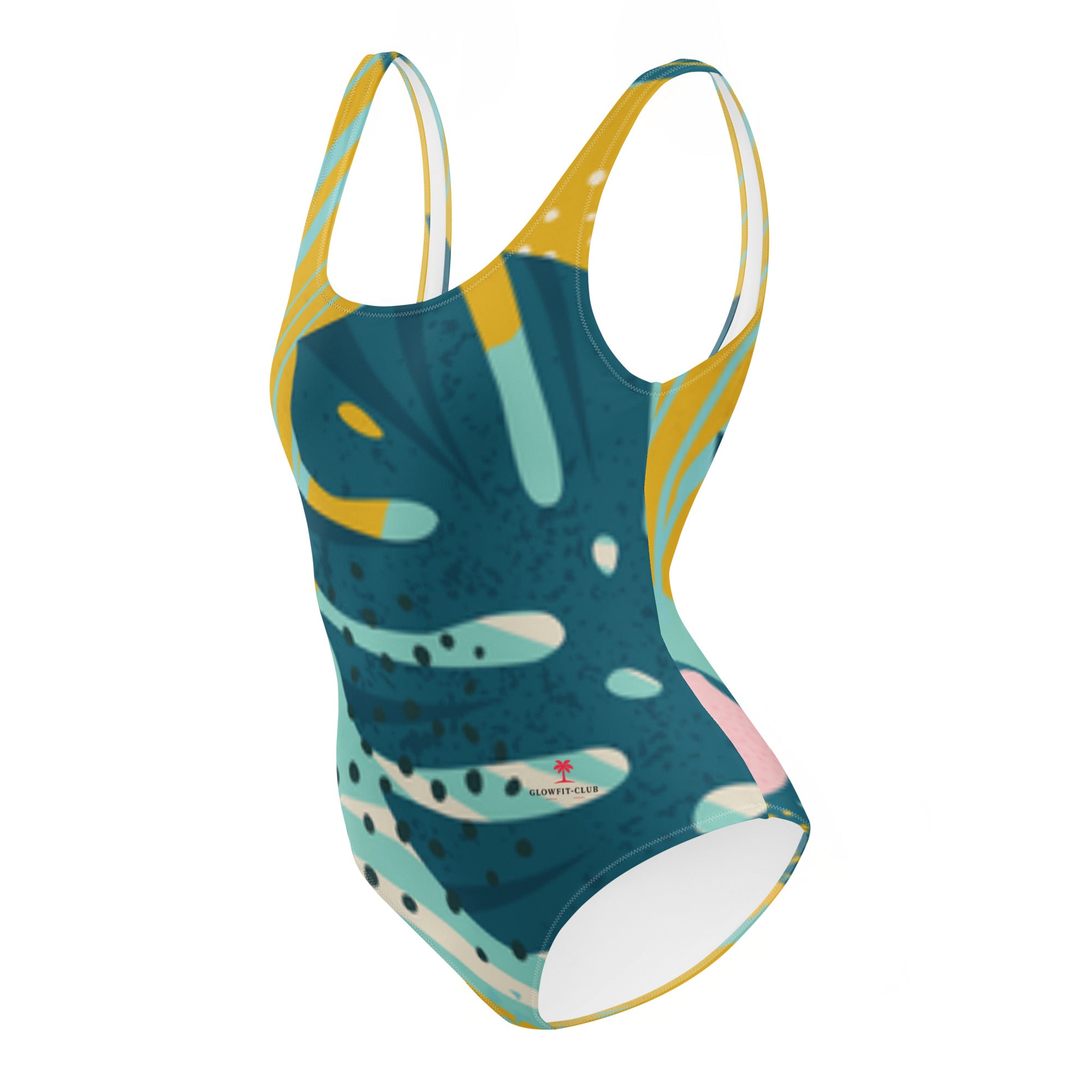 Maillot de bain une pièce motifs abstraits bleu canard, jaune et rose, dos très échancré