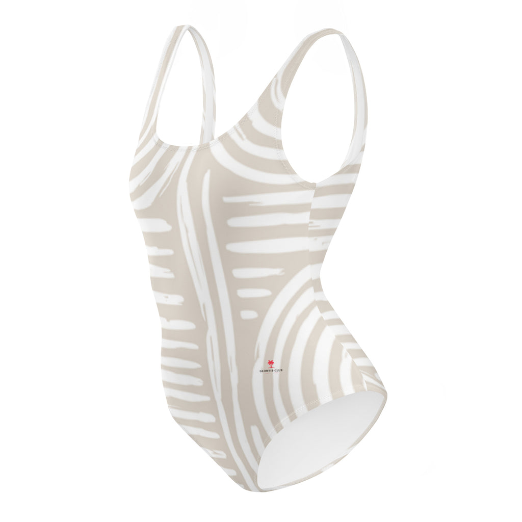 Maillot de bain 1 pièce AFRIKA à bretelles, imprimé beige et blanc, vue trois quarts.