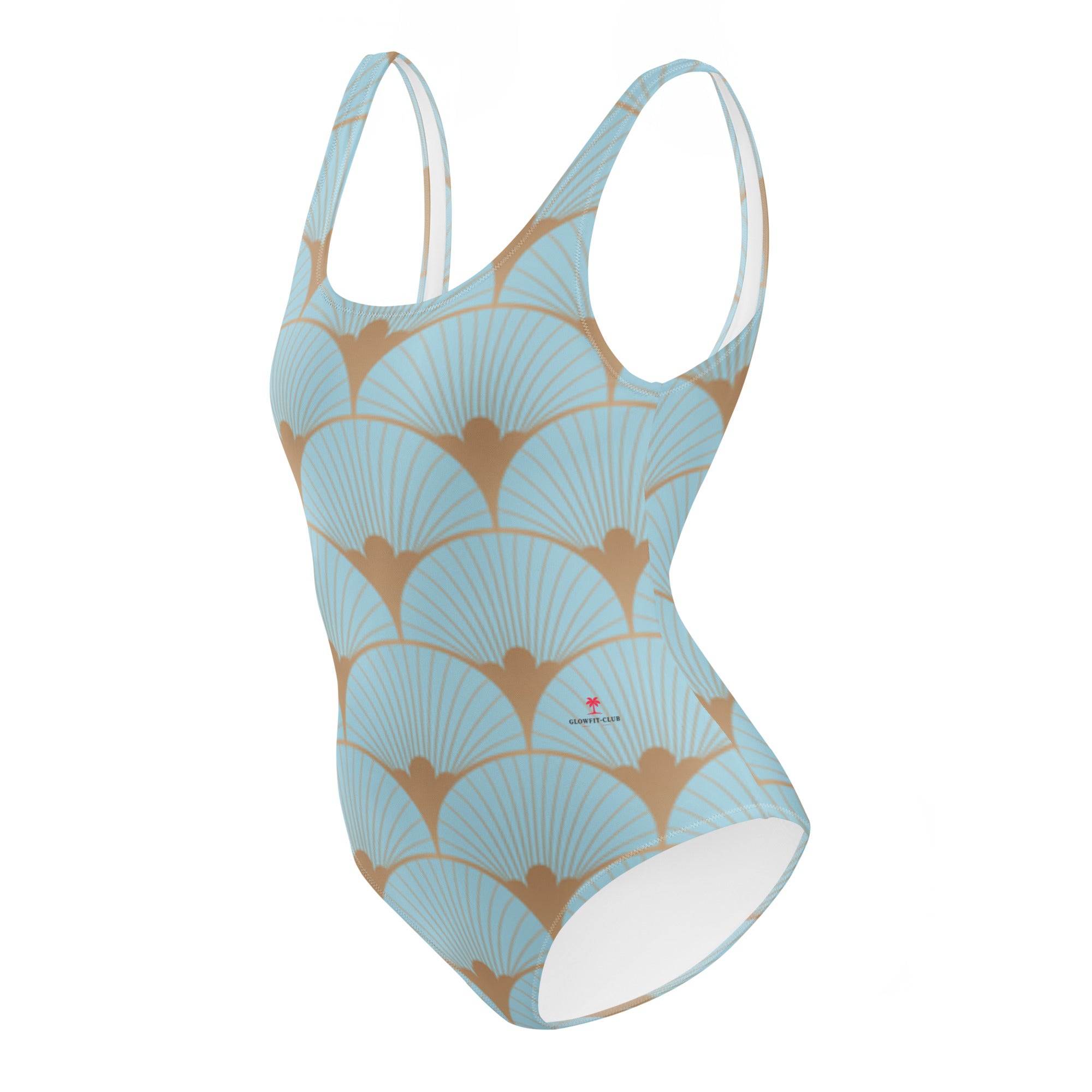 Maillot une pièce bleu clair, motif coquillages art déco orange, encolure et bretelles dos