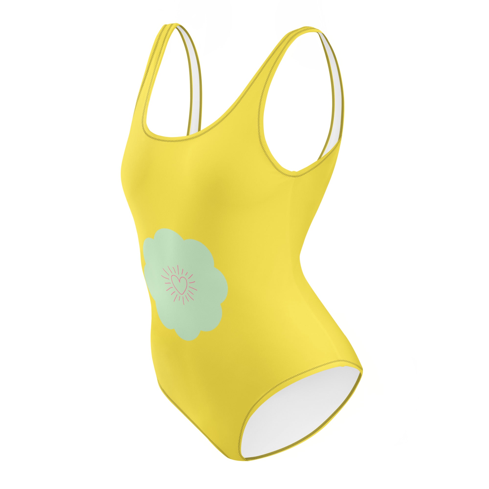 Maillot de bain 1 pièce jaune, encolure échancrée, motif fleur bleu clair.