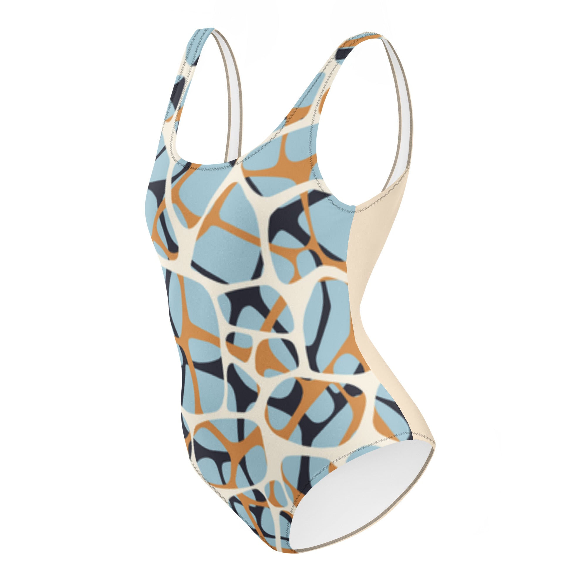 Maillot de bain une pièce motifs abstraits bleu et orange, dos échancré