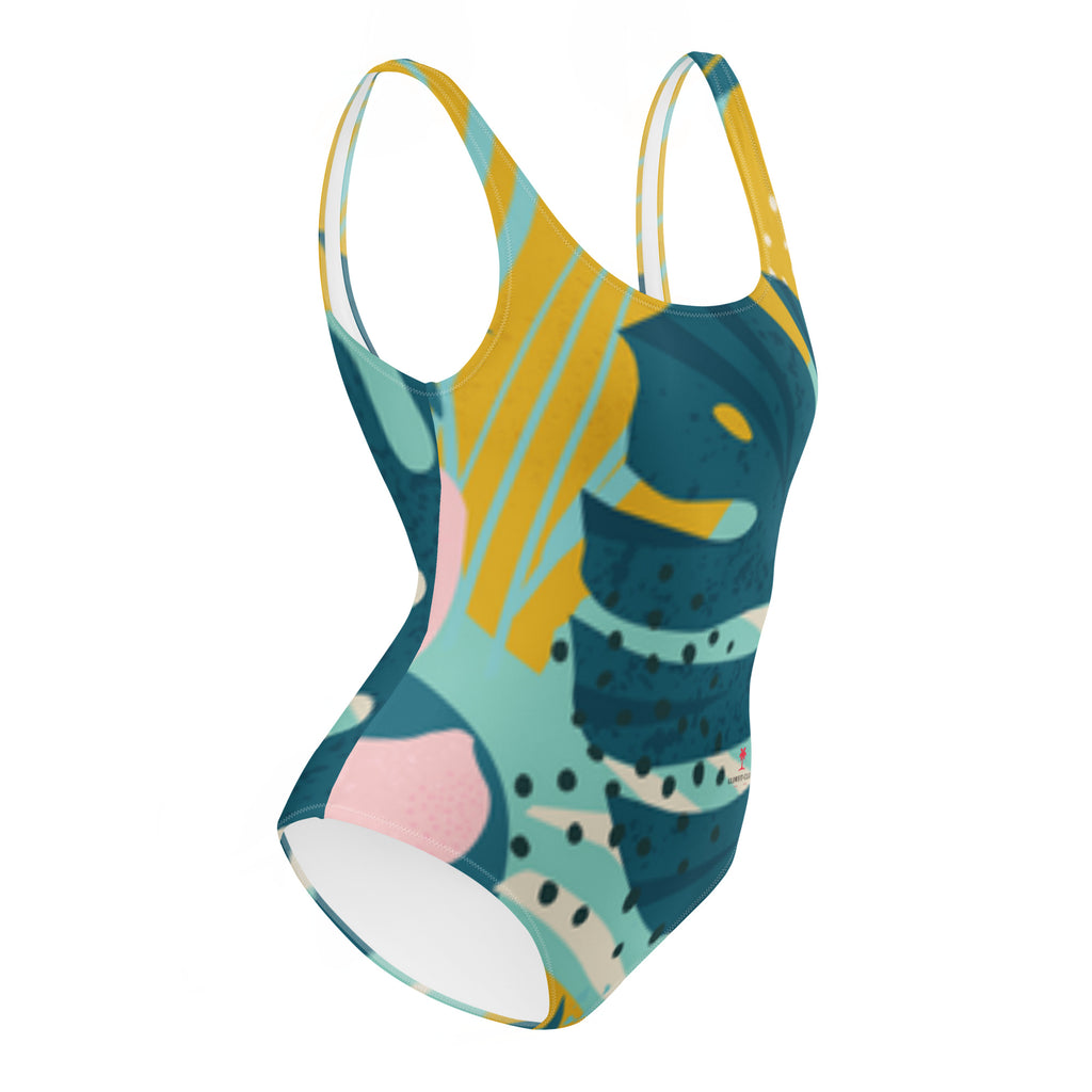 Maillot de bain une pièce motifs abstraits bleu canard, jaune et rose, échancrure dos