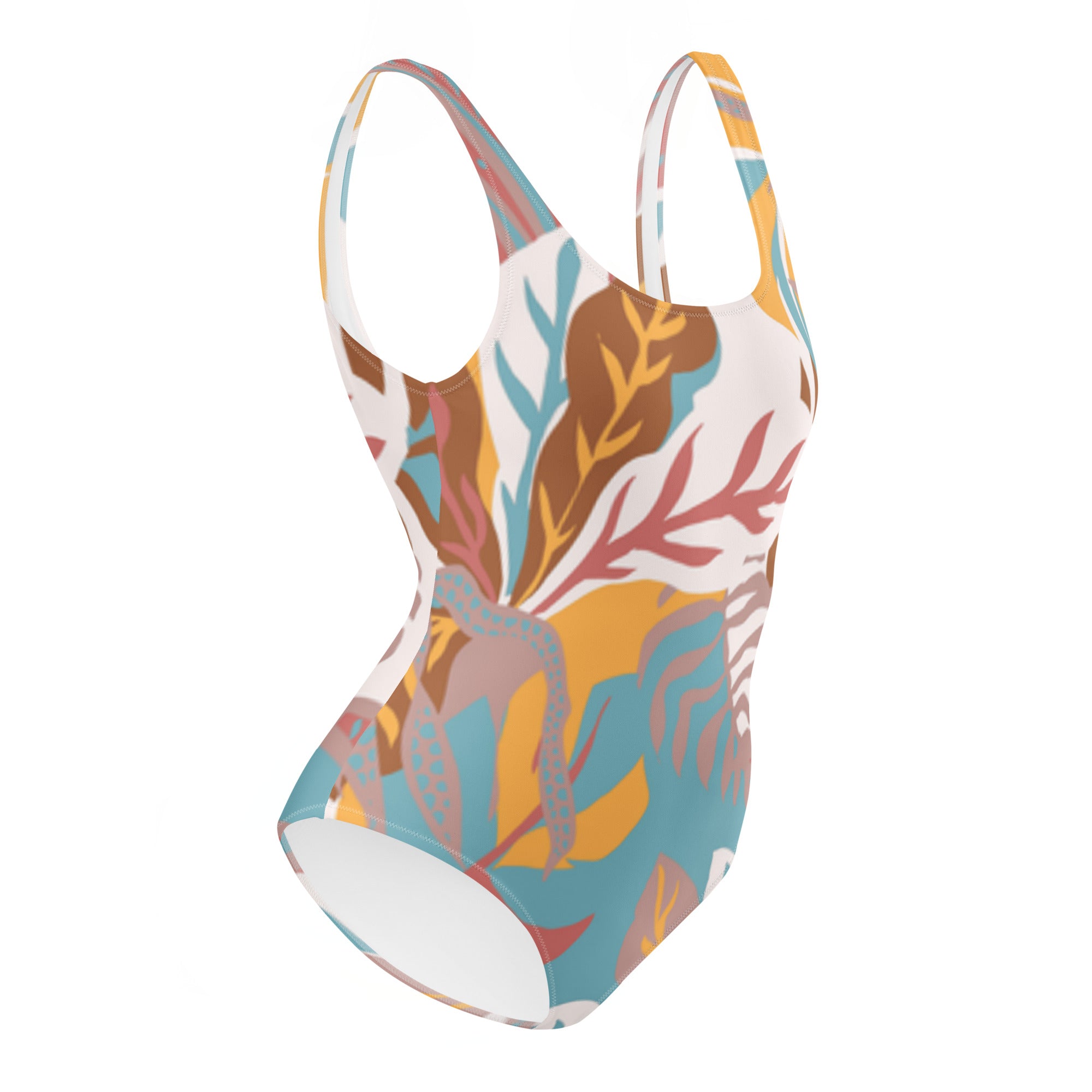 Maillot de bain une pièce CORALIA à encolure ronde, imprimé feuilles et squelettes multicolore.