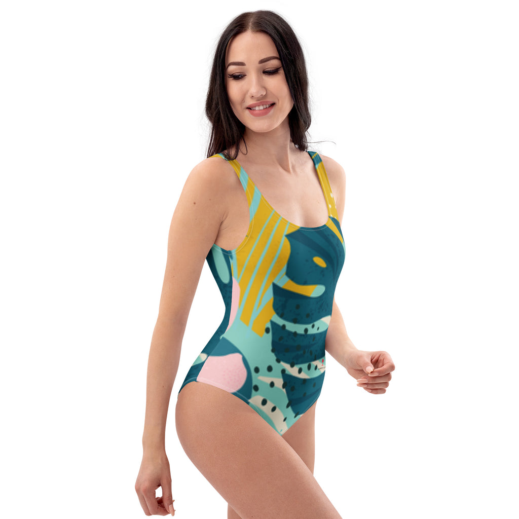 Maillot de bain 1 pièce bleu turquoise à motif abstrait vert et jaune, bretelles fines