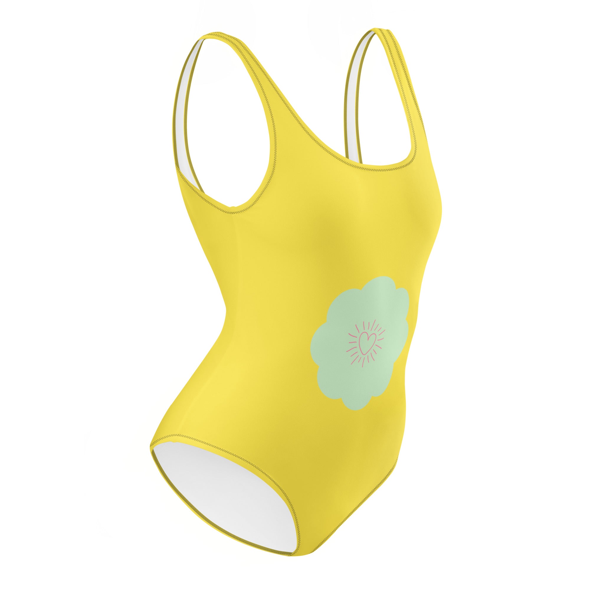 Maillot de bain 1 pièce jaune, vue de côté, motif fleur bleu clair sur le devant.