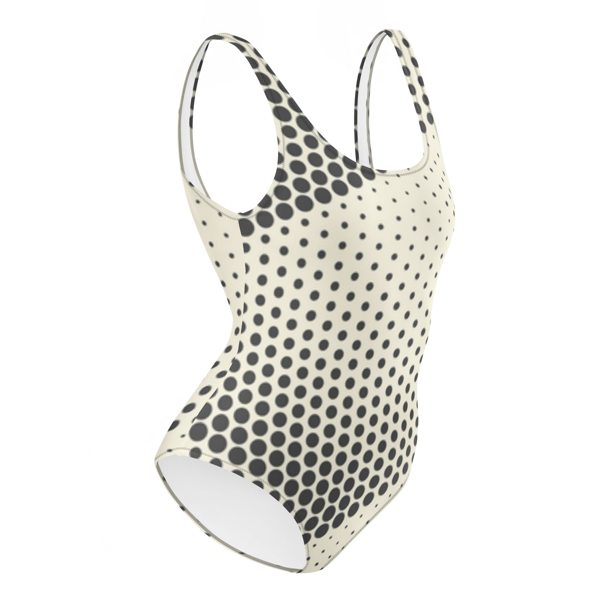 Maillot de bain une pièce à pois noirs, vue de côté, encolure ronde et jambes échancrées