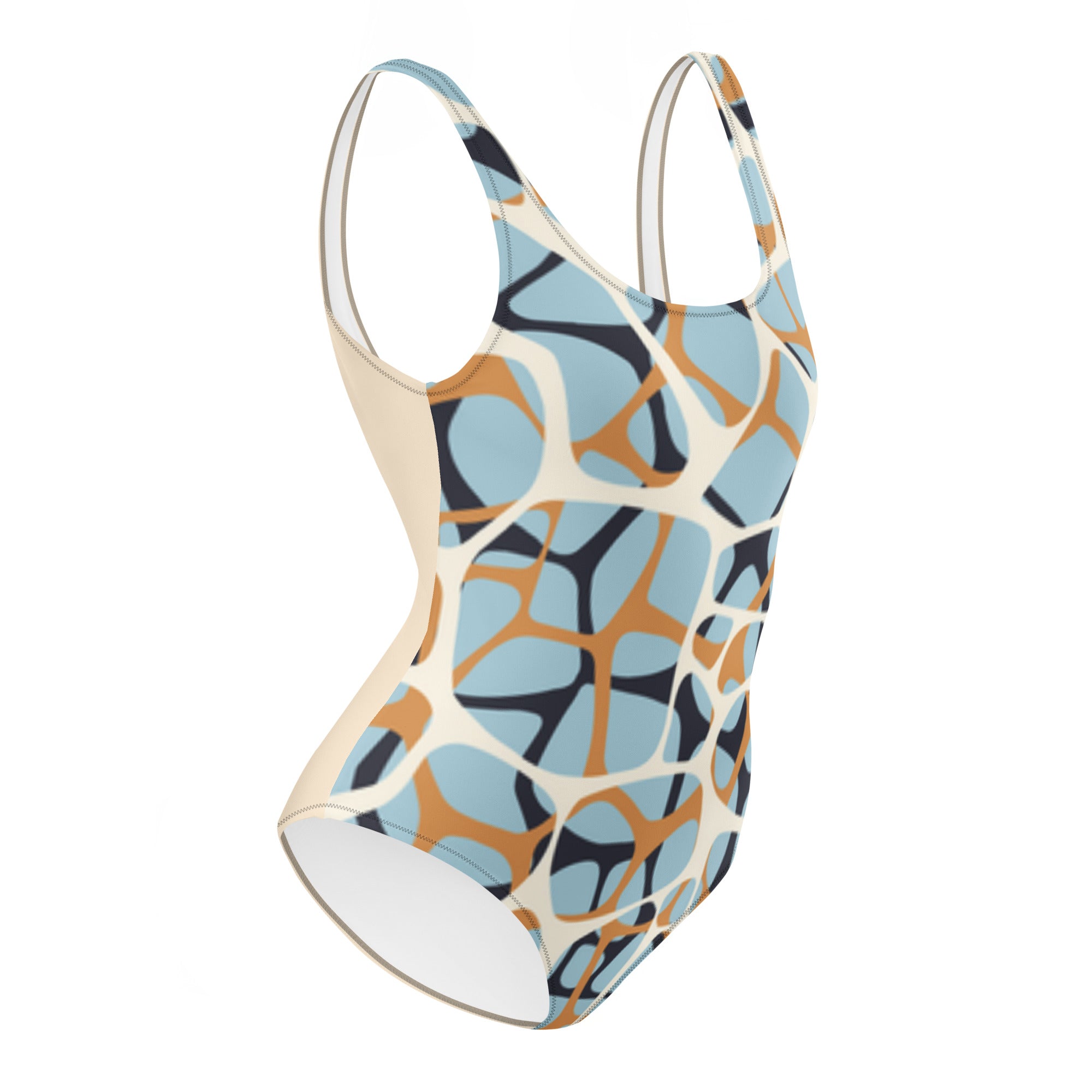 Maillot de bain une pièce motifs abstraits bleu et beige, coupe échancrée sur les côtés