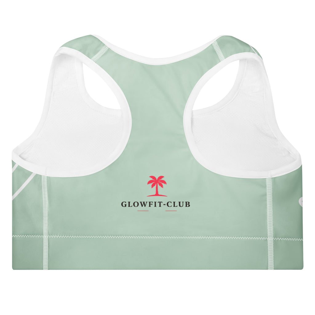 Brassière de sport rembourrée vert menthe, dos blanc, logo GLOWFIT-CLUB.