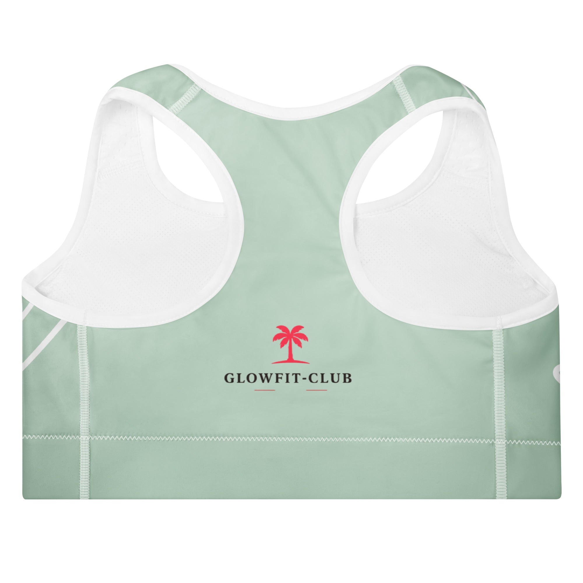 Brassière de sport rembourrée vert menthe, dos blanc, logo GLOWFIT-CLUB.