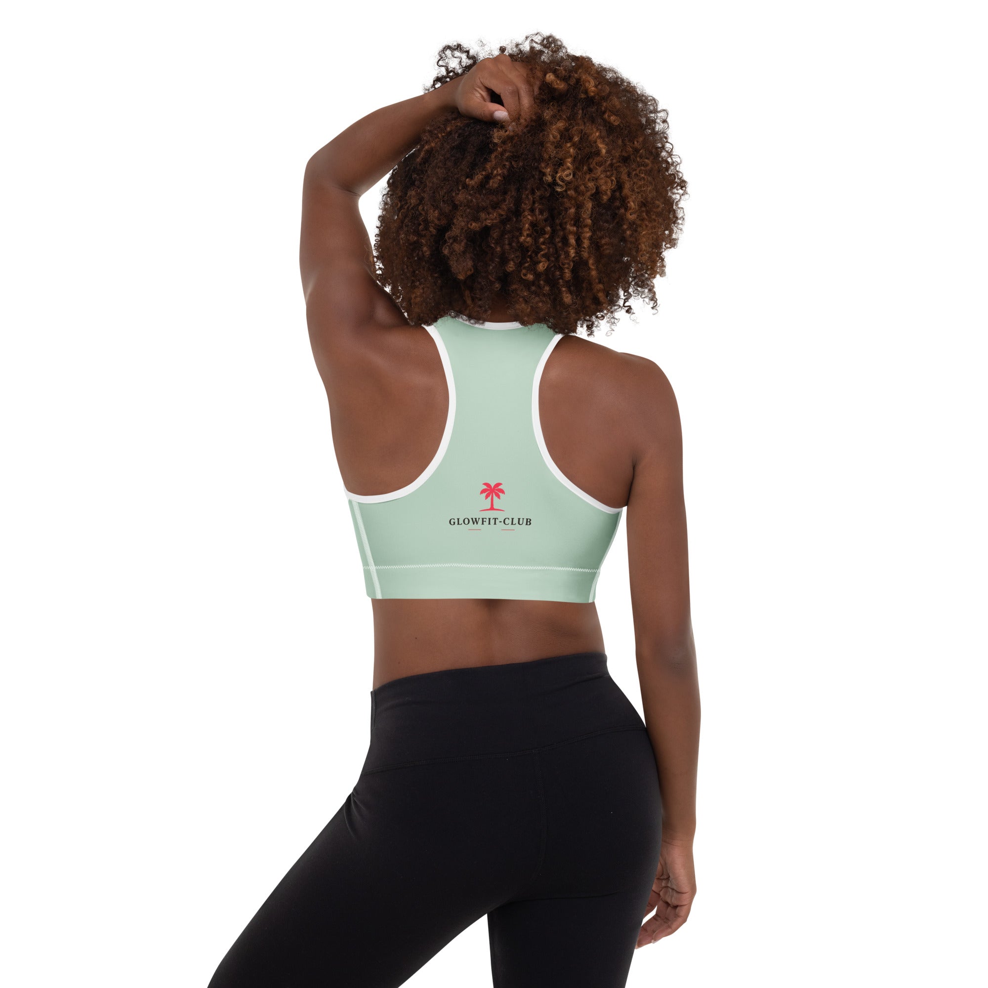 Brassière de sport rembourrée vert menthe, dos nageur, logo rouge.